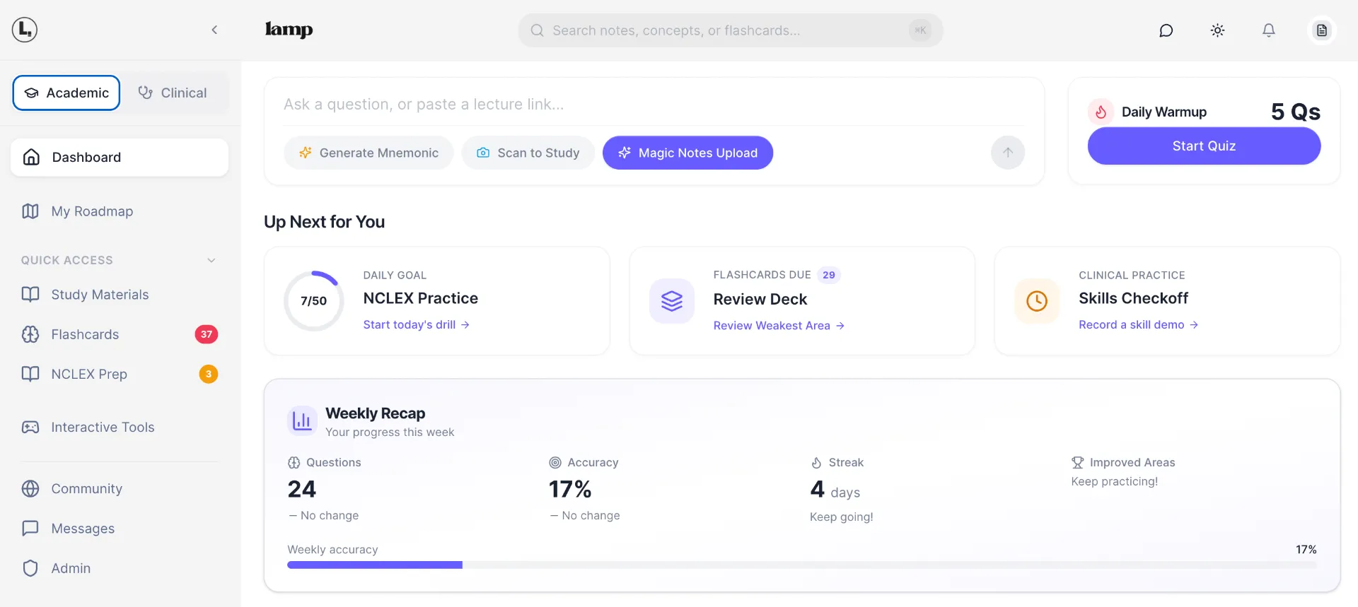 LAMP Academic Dashboard — Daily goals, flashcards, and weekly progress